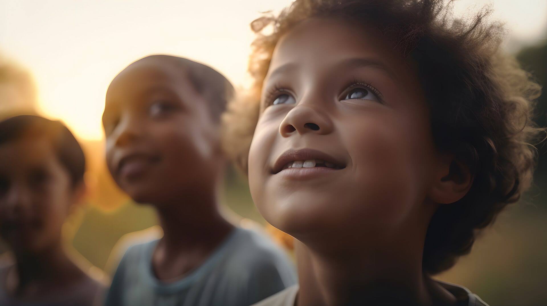 two children looking up sky